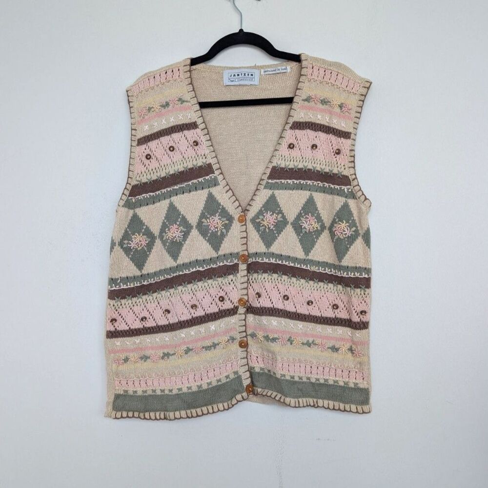 Vintage Jantzen Embroidered by Hand Pastel Tribal Knit Sweater Vest Cardi Sz ~L